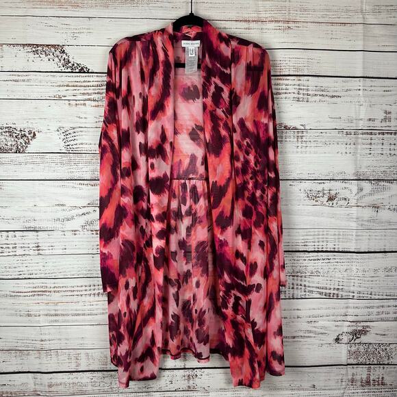 Womens Susan Graver Pink Animal Printed Mesh Open Front Cardigan Lightweight 2X - Picture 1 of 8